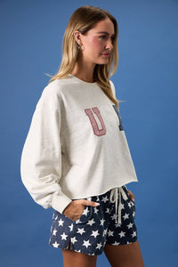 USA Patchwork Sweatshirt : Lt Grey – Patriotic Cropped Pullover Lounge Top