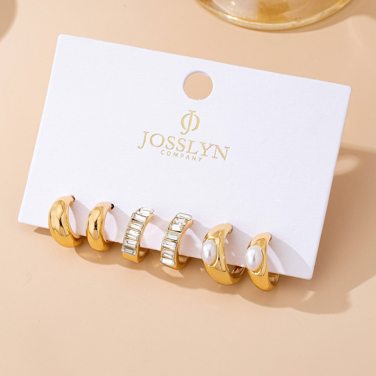 Gold Mini Huggie Hoop Earring Trio – Dome, Baguette Rhinestone & Pearl Set