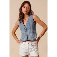 The Hudson Denim Vest: Light Wash  – Vintage Wash Button Front Denim Top