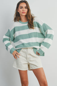 The Elodie Striped Cropped Knit Sweater: Ivory/Sage – Soft Long Sleeve Pullover
