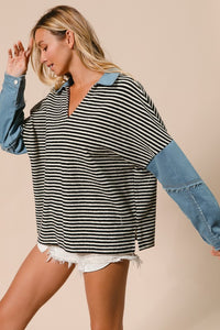 Maria Stripe Denim Sleeve Long Sleeve Top: Black