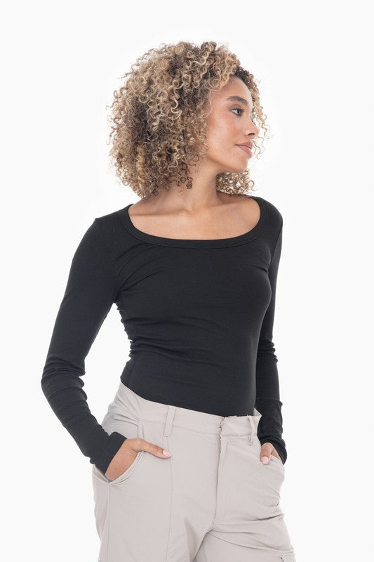 Mono B Basic Slim Fit Scoop Neck Long Sleeve Top