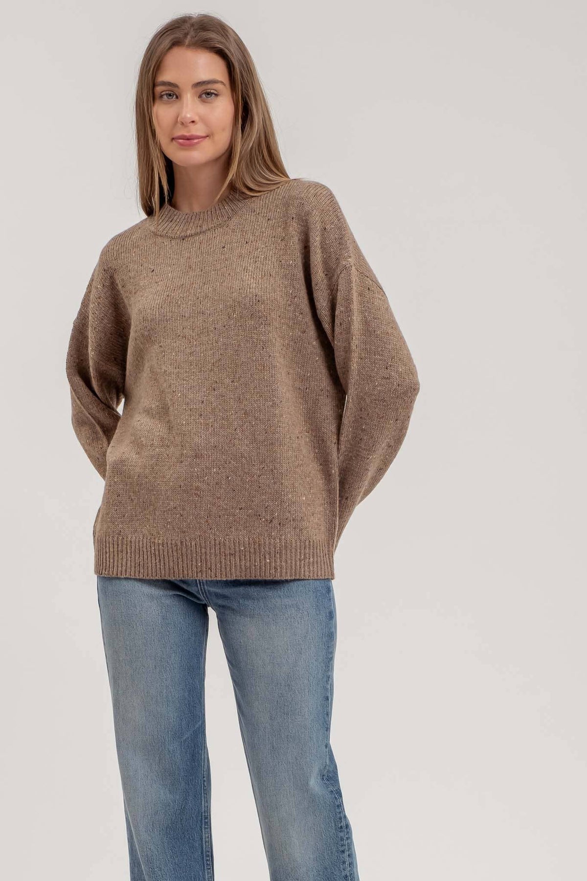 Rita Speckle Knit Mock Neck Sweater: Brown