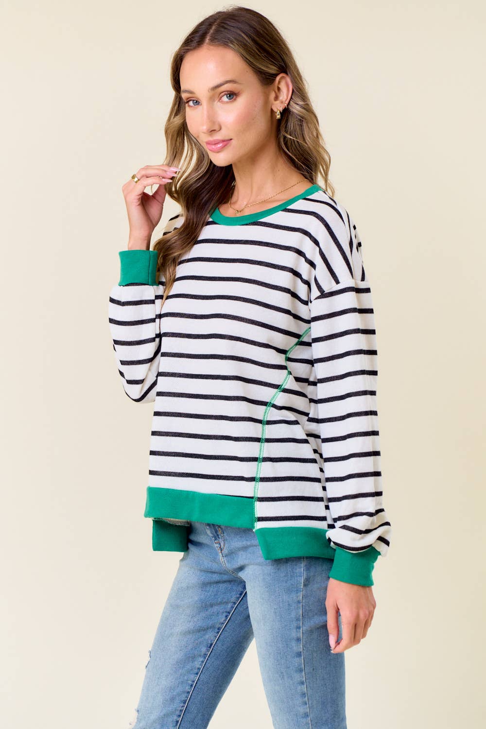 Lydia Stripe Comfy Sweatshirt: White/ Kelly Green