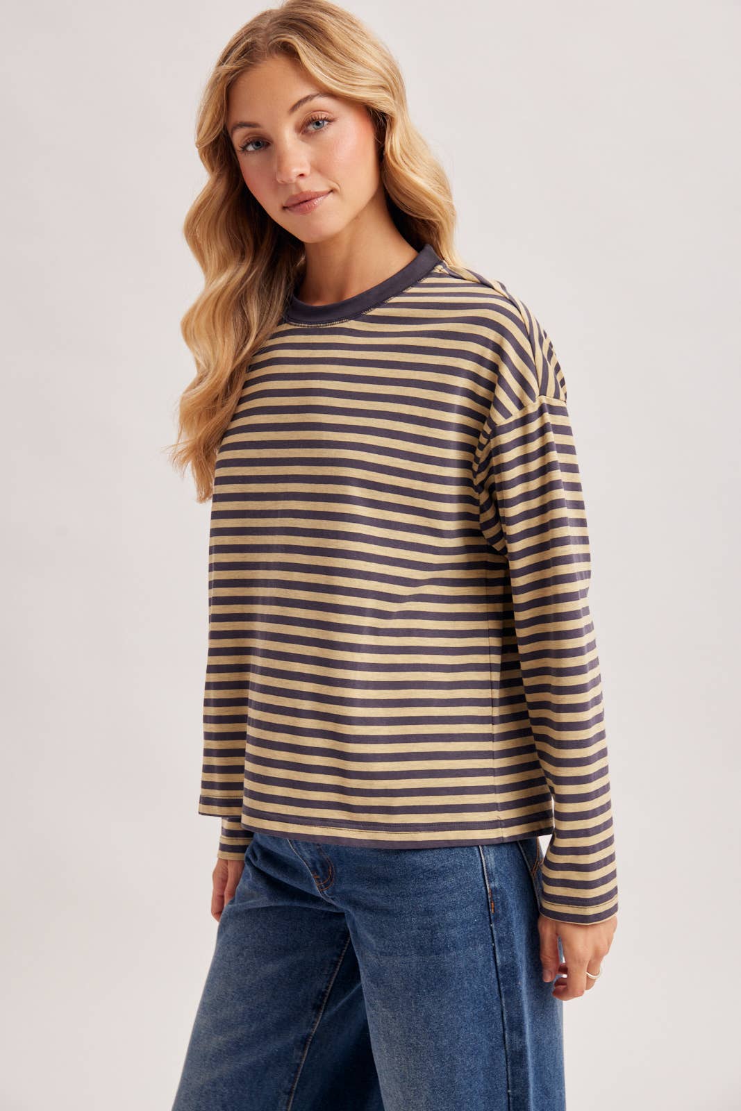 On Repeat Stripe Oversized Long Sleeve Top: Ash