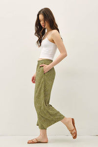 The Elsie Ditsy Print Wide Leg Pants:Avocado – Flowy High Rise Pull On Pants