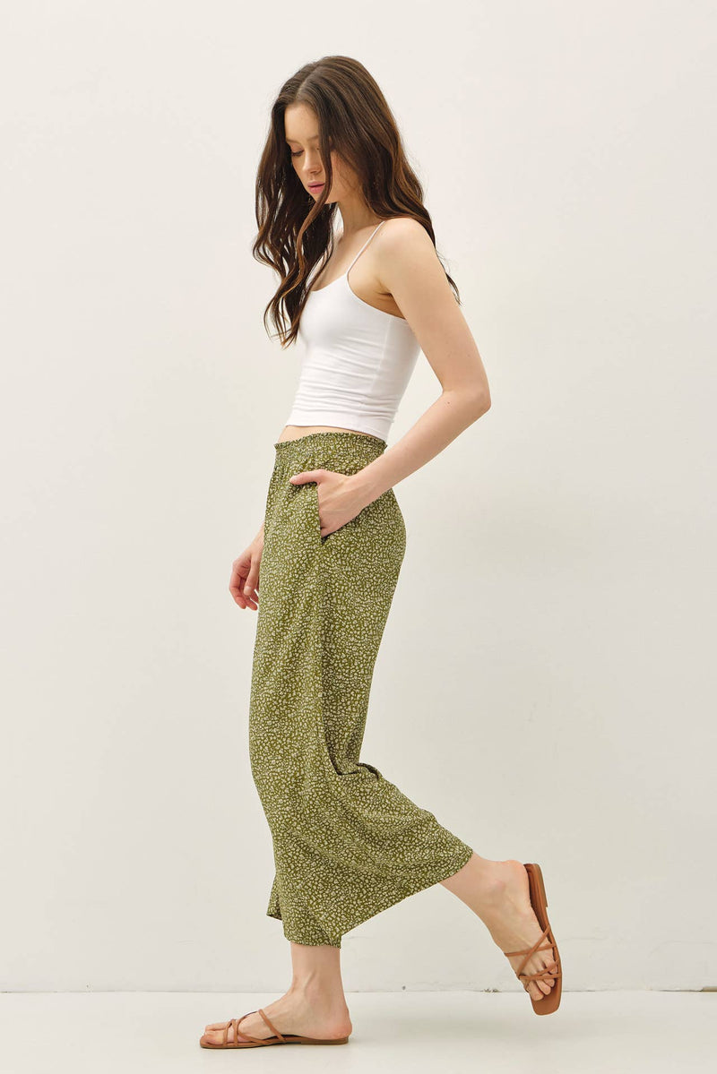The Elsie Ditsy Print Wide Leg Pants:Avocado – Flowy High Rise Pull On Pants
