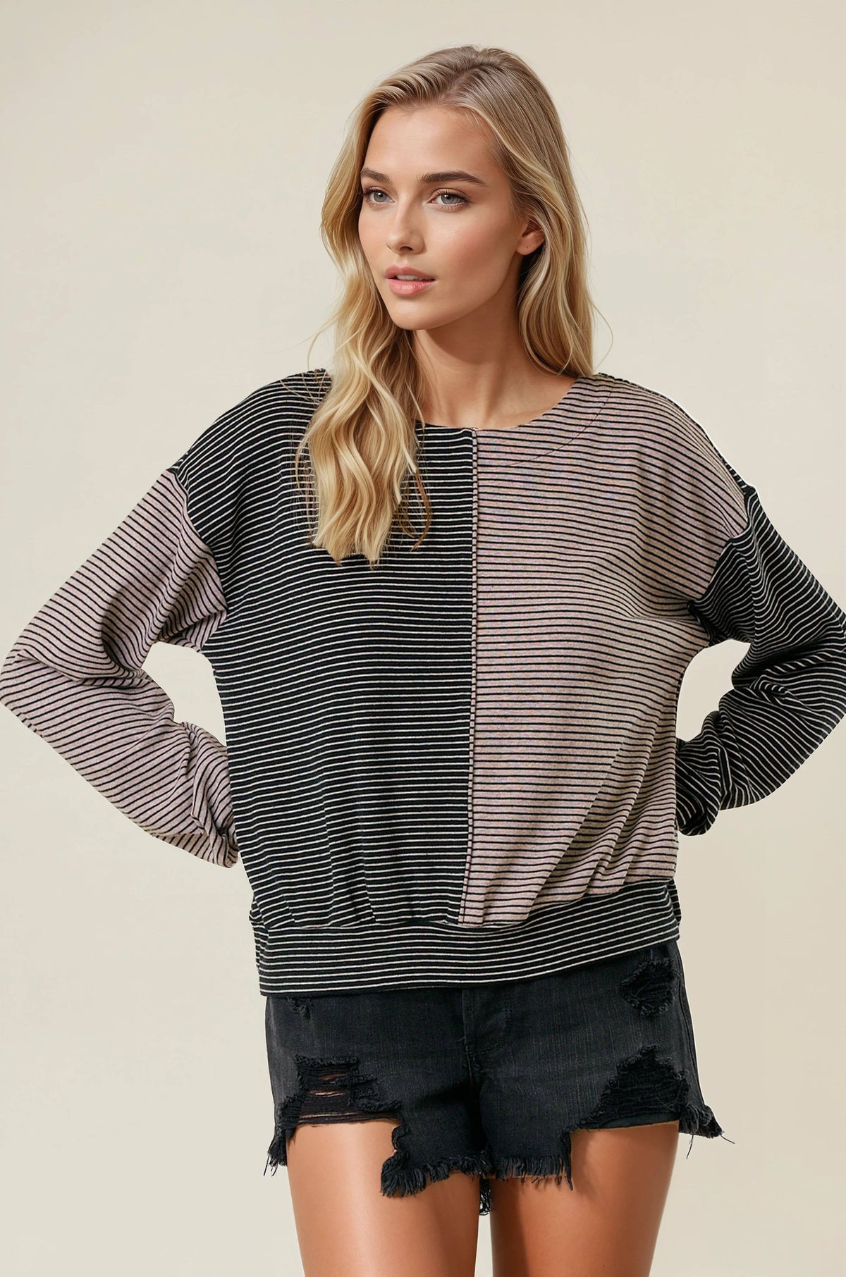 The Tessa Two-Tone Stripe Top – Charcoal/Wheat Mix
