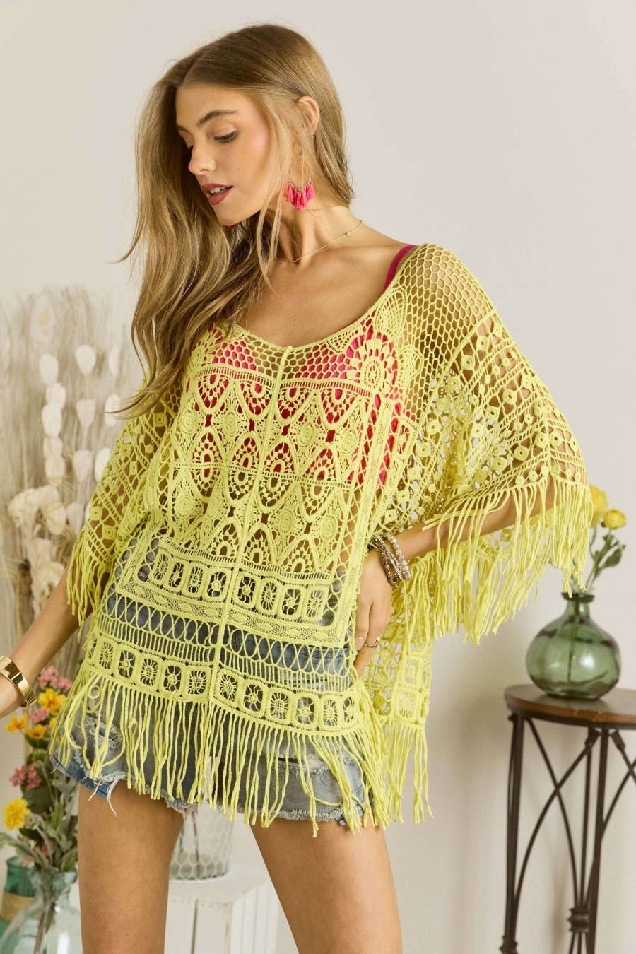 FRINGE HEM CROCHET TOP - CESW3015: Natural / ONESIZE(6)