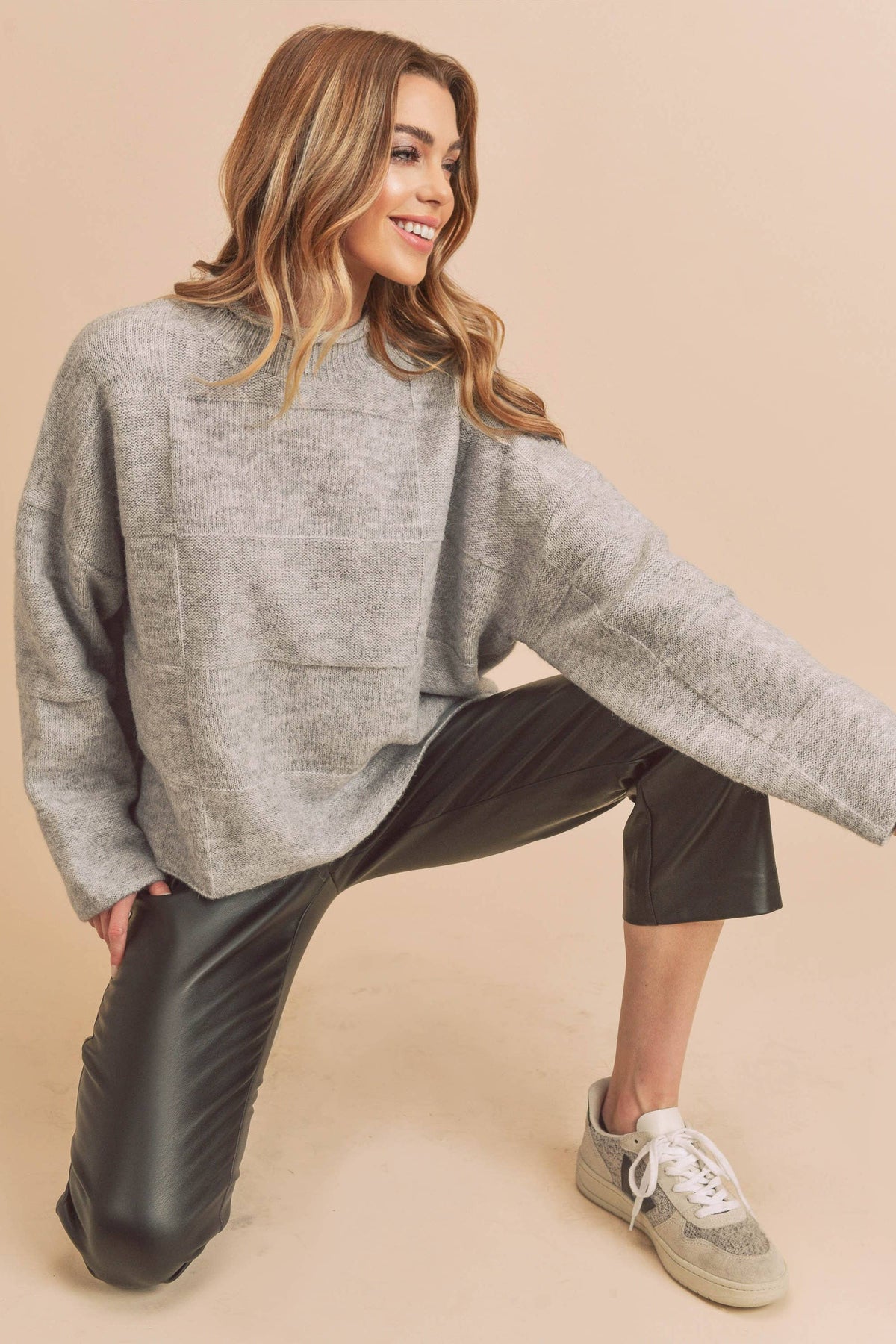 Ryleigh Patchwork Mock Neck Sweater: Heather Grey – Cozy Oversized Winter Knit