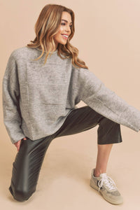 Ryleigh Patchwork Mock Neck Sweater: Heather Grey – Cozy Oversized Winter Knit