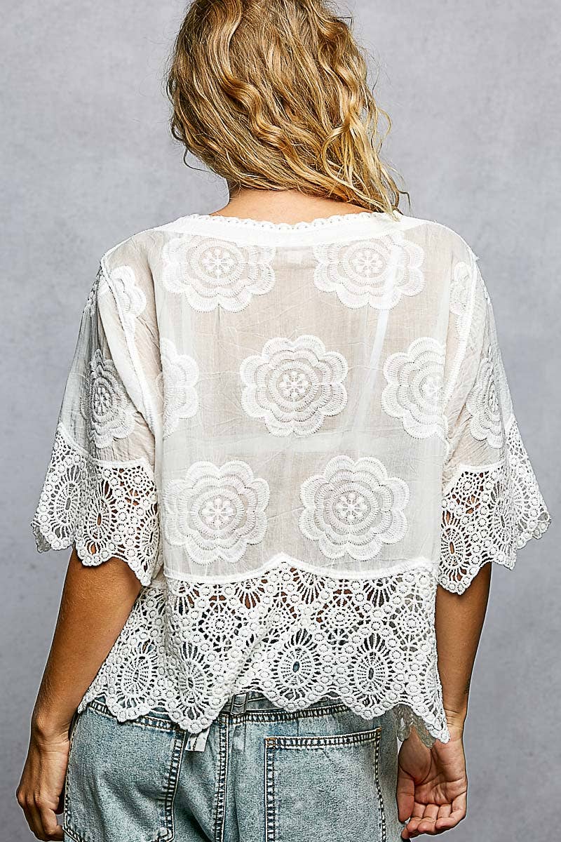 Crochet Trim Neckline Short Sleeve Jacket Top: TAUPE / Os