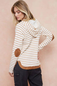 Paige Striped Hoodie Top With Elbow Patch: Toffee