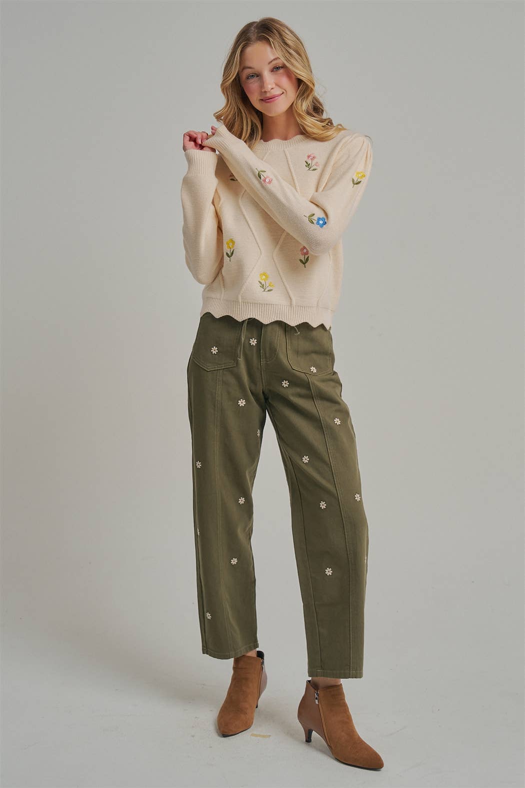 Picked for You Floral Barrel Pants: Olive