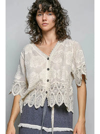 Selena Crochet Button-Front V-Neck Top