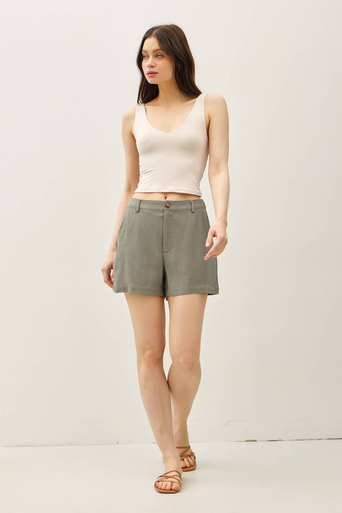 The Ava Linen Shorts – High Rise Button Front Summer Shorts with Pockets