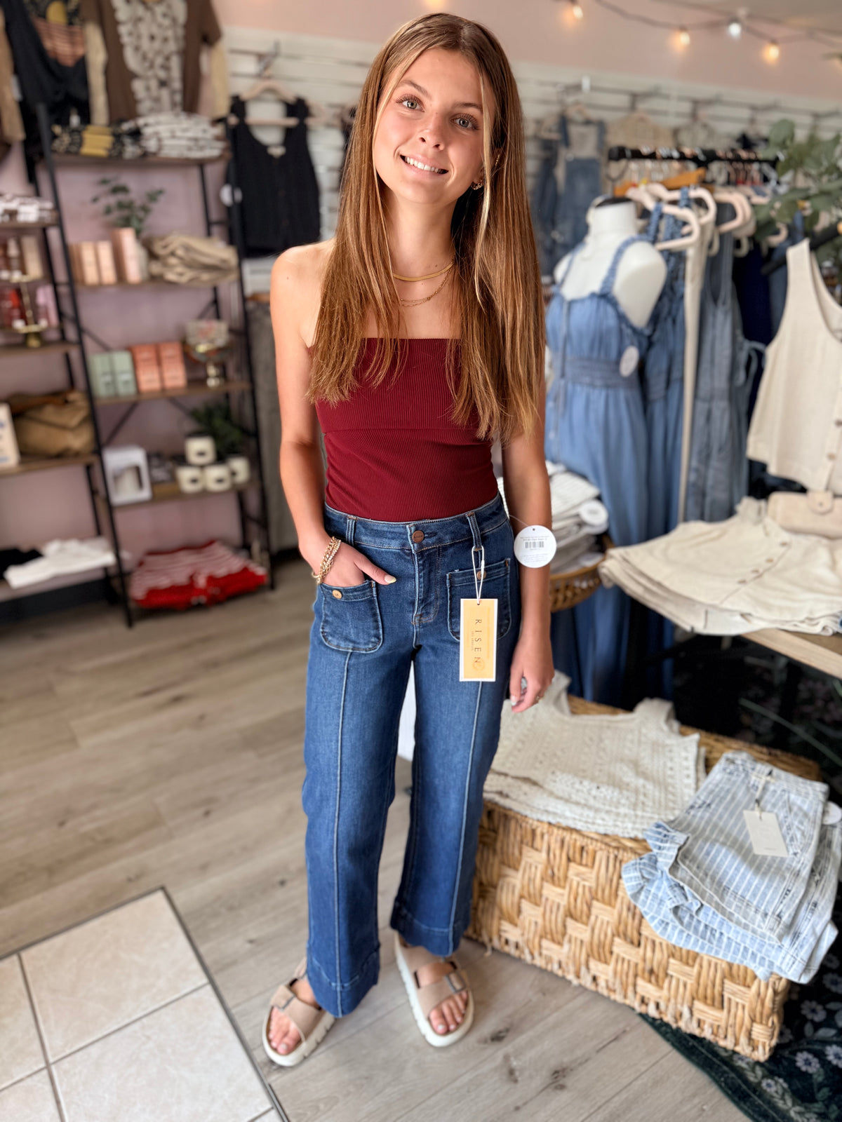 Risen "Callahan" High Rise Crop Wide Jeans : Light Wash – Front Pintuck Patch Pocket Denim for Women
