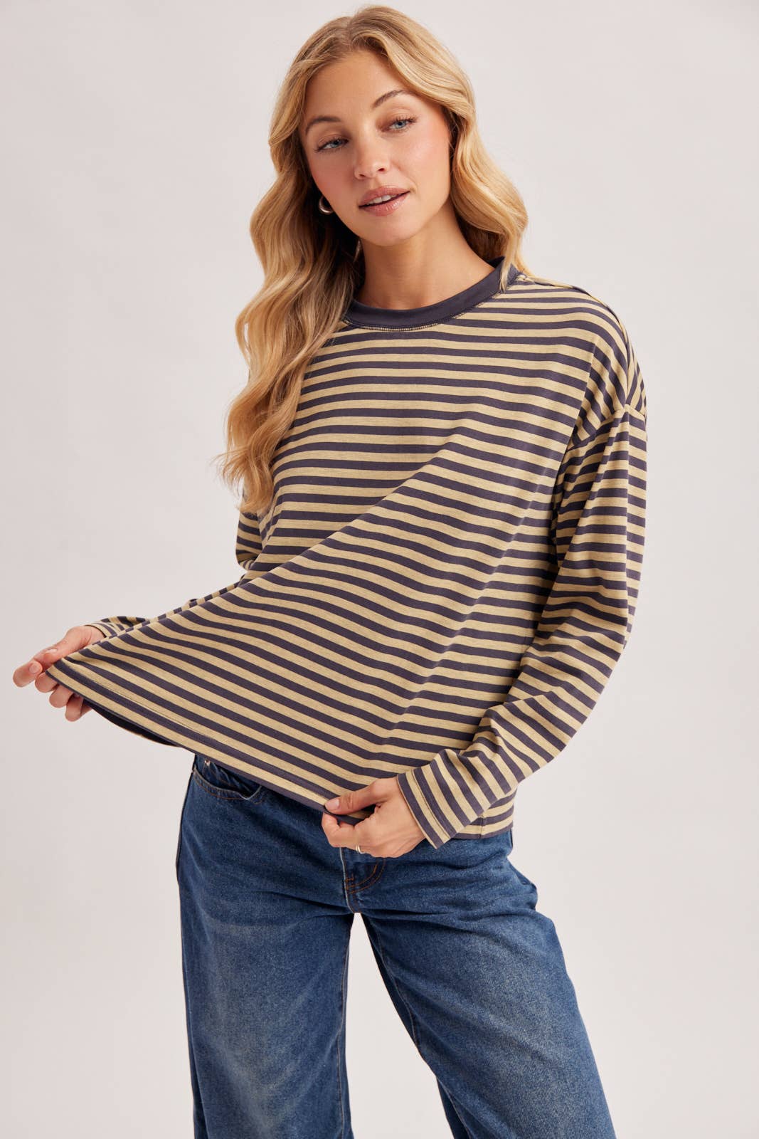 On Repeat Stripe Oversized Long Sleeve Top: Ash