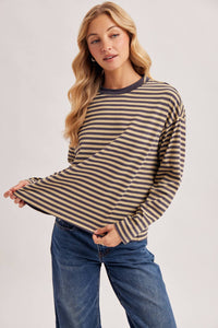 On Repeat Stripe Oversized Long Sleeve Top: Ash