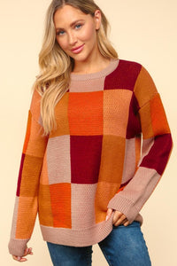 Autumn Vines Cozy Checkered Pullover Sweater: Taupe/ Burnt Orange/ Wine