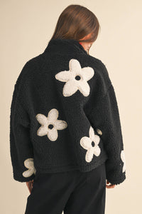 Floral Sherpa Zip Up Jacket: Black – Fully Lined Cozy Fleece with Pockets