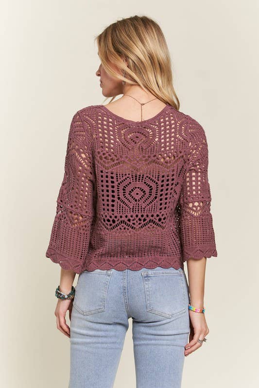Wildflower Crochet Drawstring Sweater Top: Mulberry