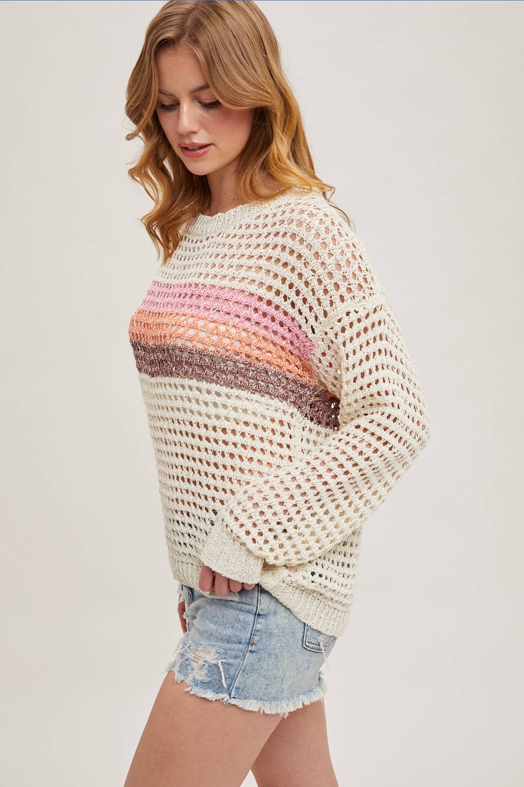 Isla Color Block Open Knit Sweater: Ivory