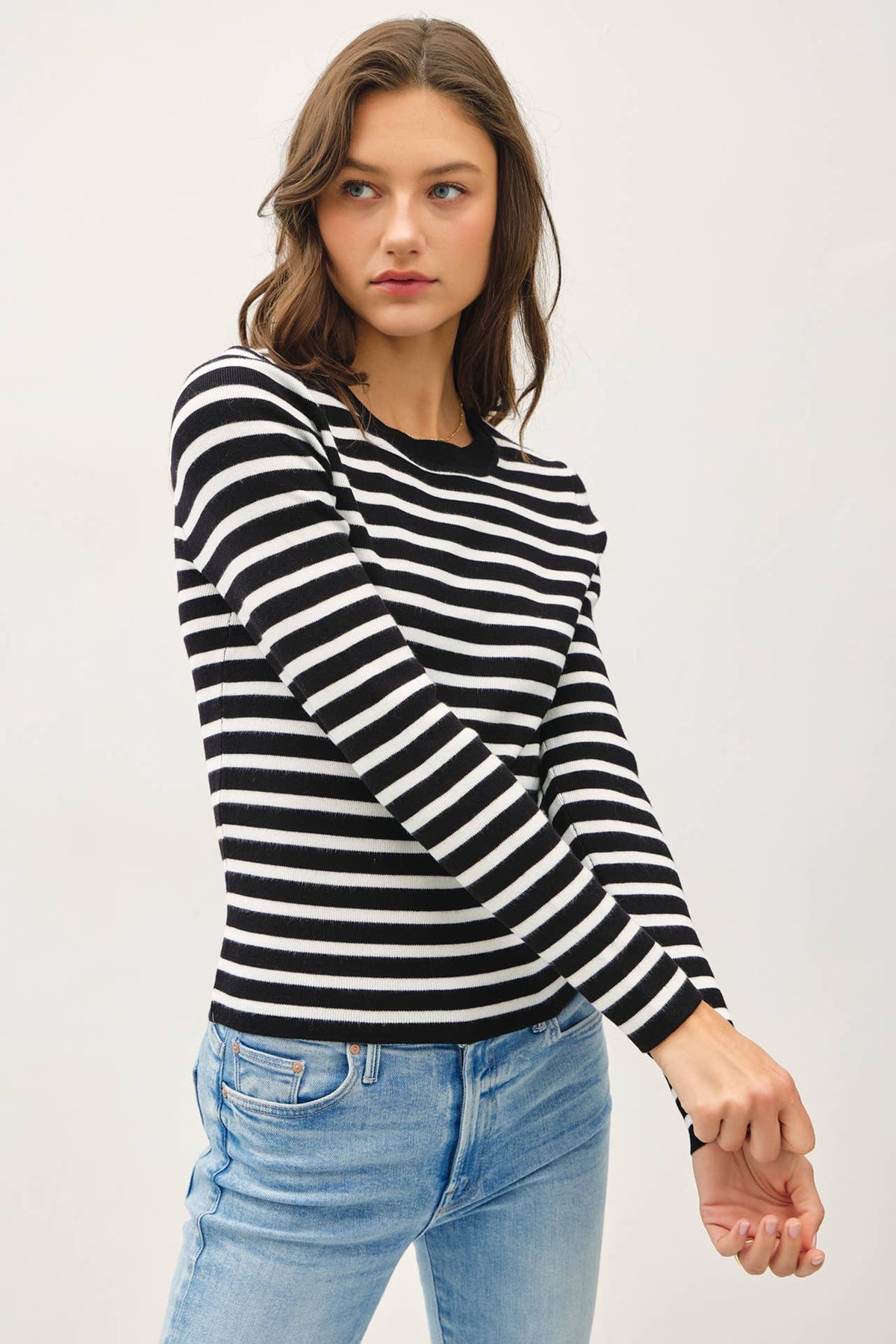 Vanessa Classic Fit Basic Striped Sweater: Black/White