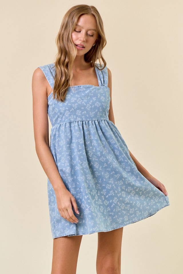 Bluebell Breeze Floral Chambray Babydoll Mini Dress: Light Denim – Square Neck Denim Boutique Dress with Pockets