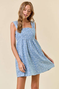 Bluebell Breeze Floral Chambray Babydoll Mini Dress: Light Denim – Square Neck Denim Boutique Dress with Pockets