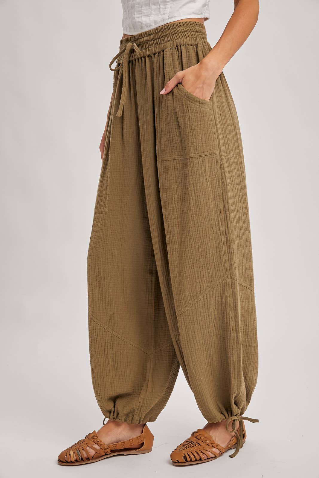 JOGGER HAREM DRAWSTRING PANTS: LATTE / L