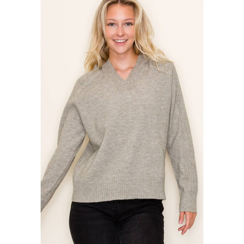 Glacier Ridge Ribbed Hoodie Sweater – V-Neck Knit Pullover | Northern Belle Boutique