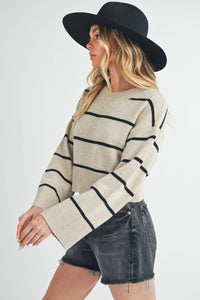 Ainslie Cashmere-Blend Striped Sweater: Oat/Black – Cropped Boxy Fit with Wide Sleeves & Ribbed Trim