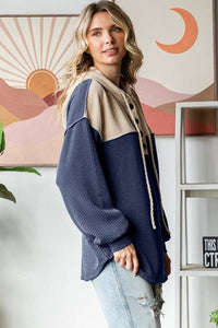 Elena Ribbed Button Front Hoodie – Colorblock Knit Pullover with Bishop Sleeves