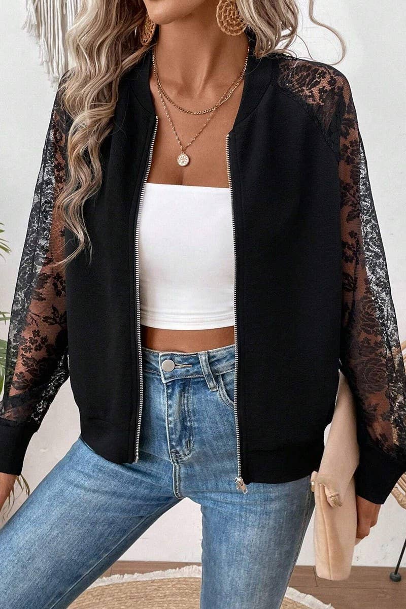 Lennon Lace Sleeve Zip-Up Jacket – Black Baseball Collar