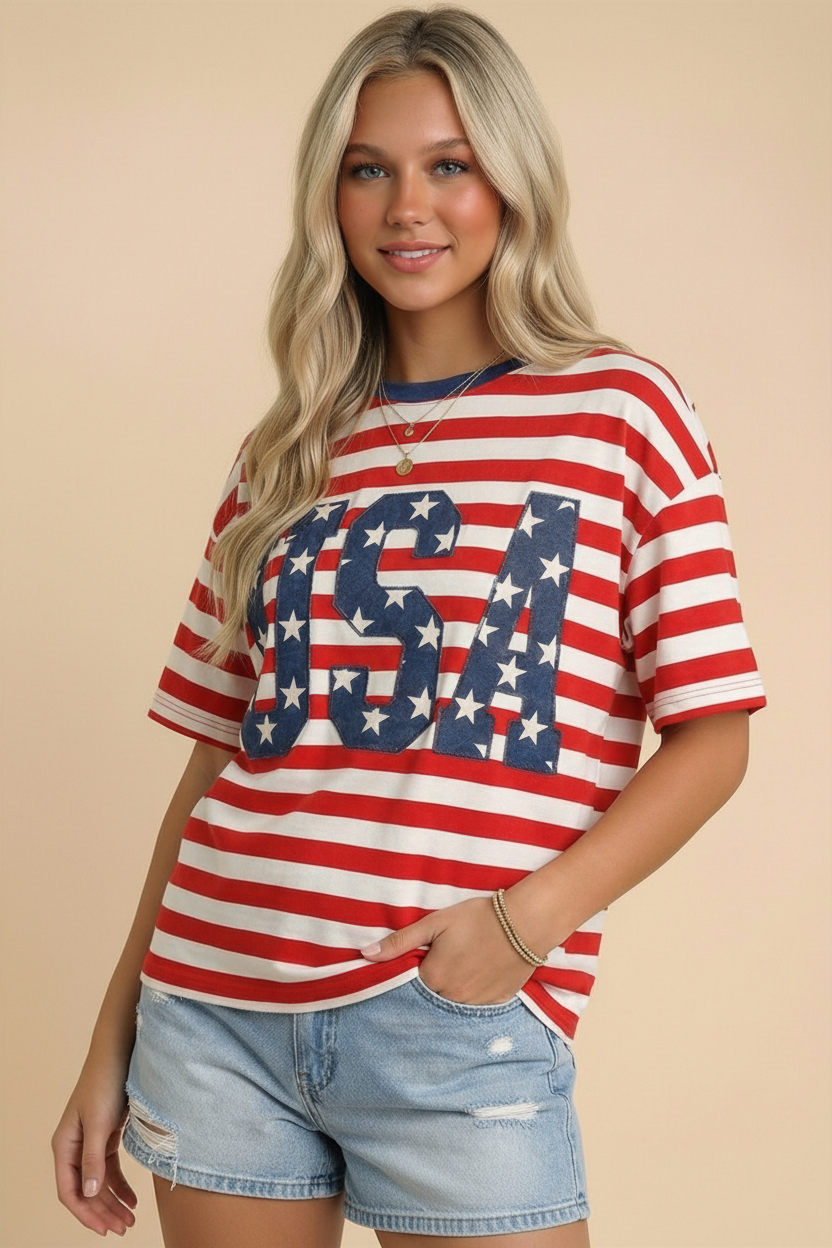 USA 250th Anniversary Stripe Tee – Oversized Patriotic Graphic T-Shirt