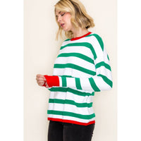 Staccato Holly Jolly Stripe Sweater – Green & White Christmas Pullover with Red Trim | Northern Belle Boutique