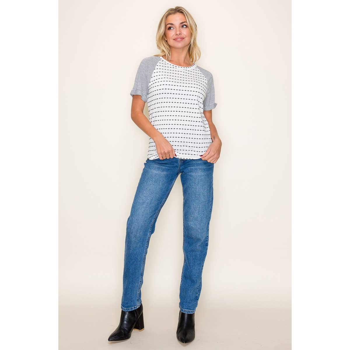 Maddie Ivory & Black Dotted Knit Top | Casual Round Neck Tee