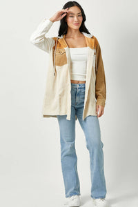 Sadie Color Block Corduroy Hoodie Shacket – Washed Button Down Hi-Low Hem