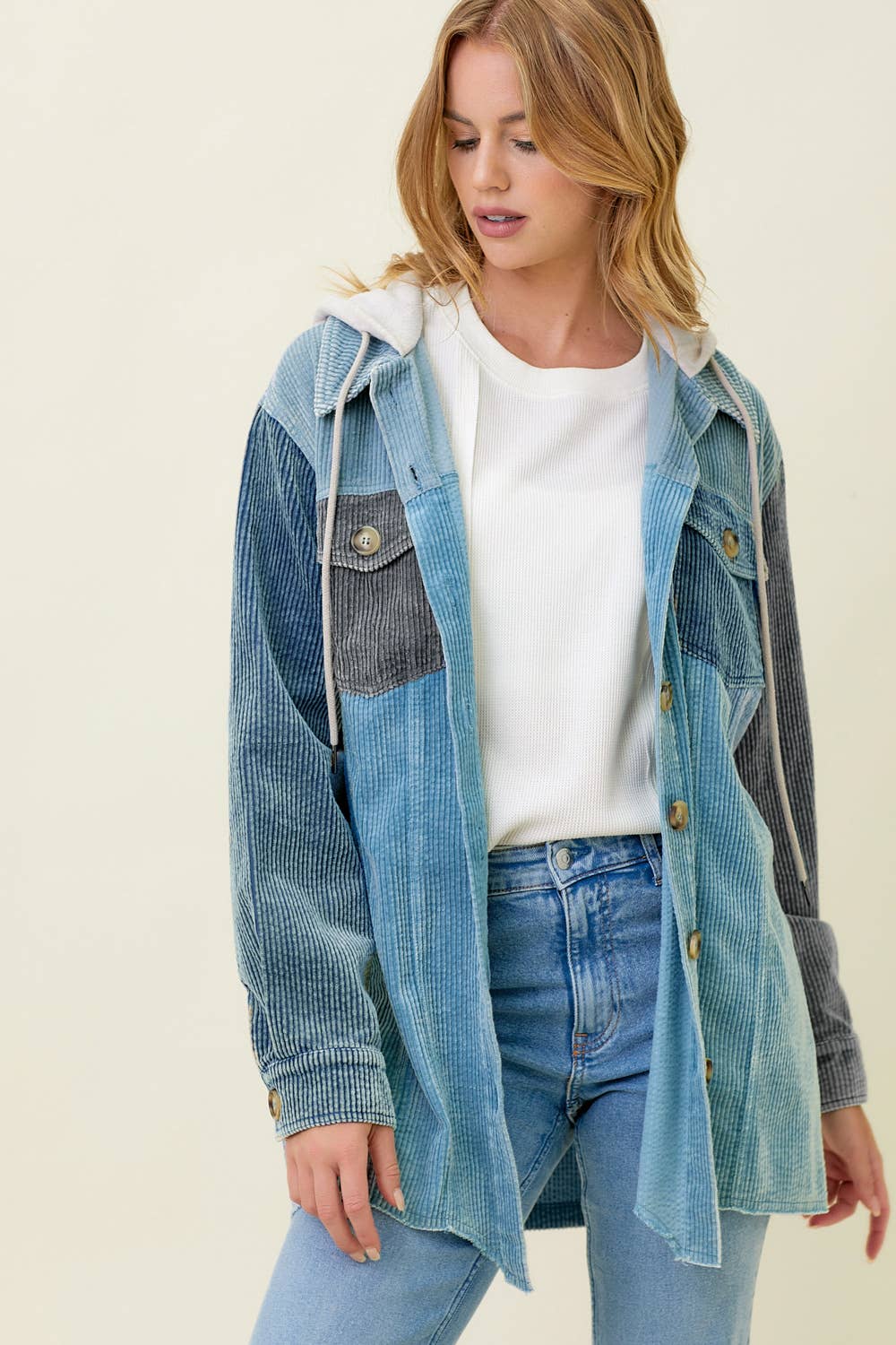 Sadie Color Block Corduroy Hoodie Shacket – Washed Button Down Hi-Low Hem