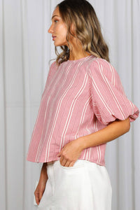 The Blakely Plaid Bow Back Blouse: Red – Bubble Sleeve Feminine Tie Back Top