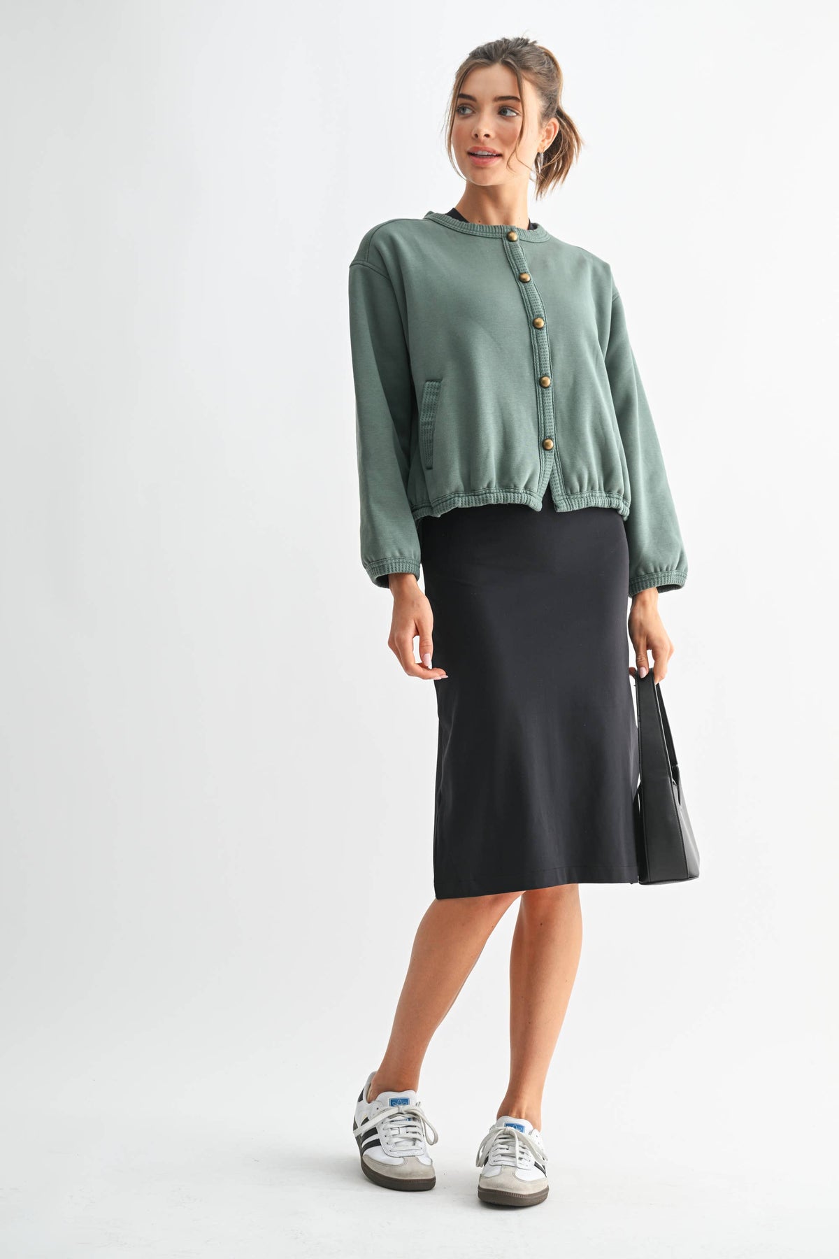 The Maribel Bubble Hem Cardigan: Pine – Vintage Button Front Knit