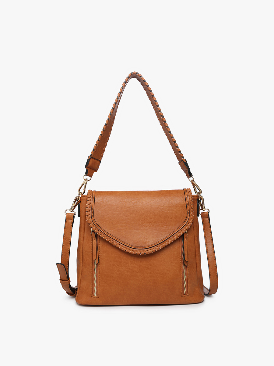 Jen & Co. Lorelei Double Zip Whipstitch Crossbody: Light Brown – Vegan Leather Braided Trim Bag