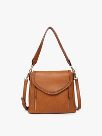 Jen & Co. Lorelei Double Zip Whipstitch Crossbody: Light Brown – Vegan Leather Braided Trim Bag