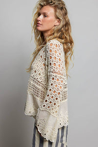 Long Sleeve Round Neck Women Crochet Top: NATURAL / OS