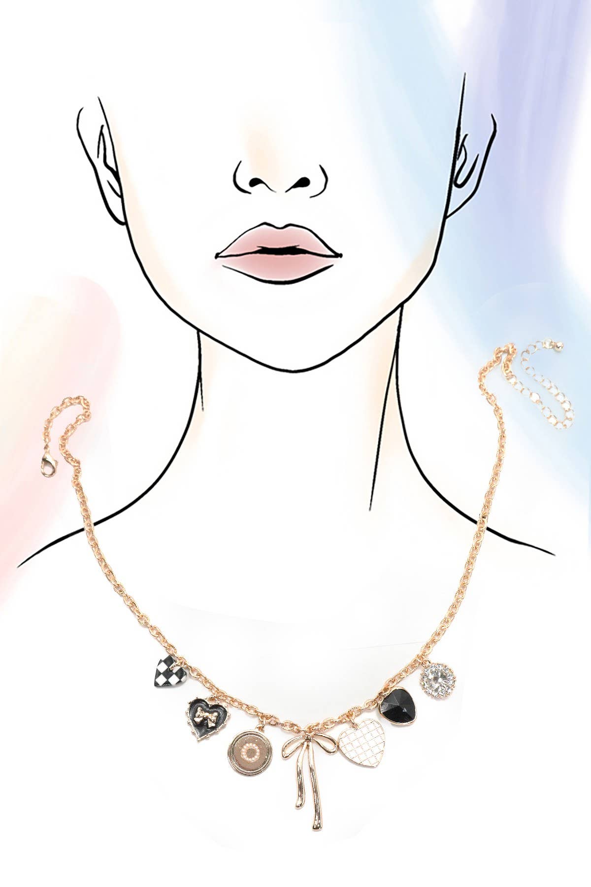 Colette Charm Necklace – Gold Chain with Bow, Checker Heart & Rhinestone Charms