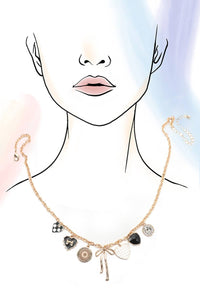 Colette Charm Necklace – Gold Chain with Bow, Checker Heart & Rhinestone Charms