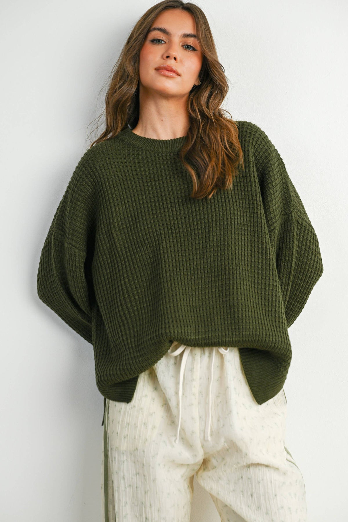 Everyday Essential Waffle Knit Sweater: Olive