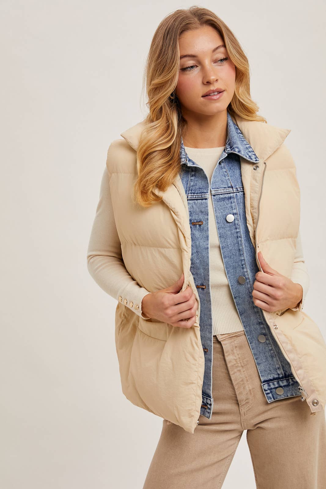 Riverton Layered Look Puffer Vest – Women’s Denim Trim Padded Vest, Fall Winter Zip-Up Outerwear