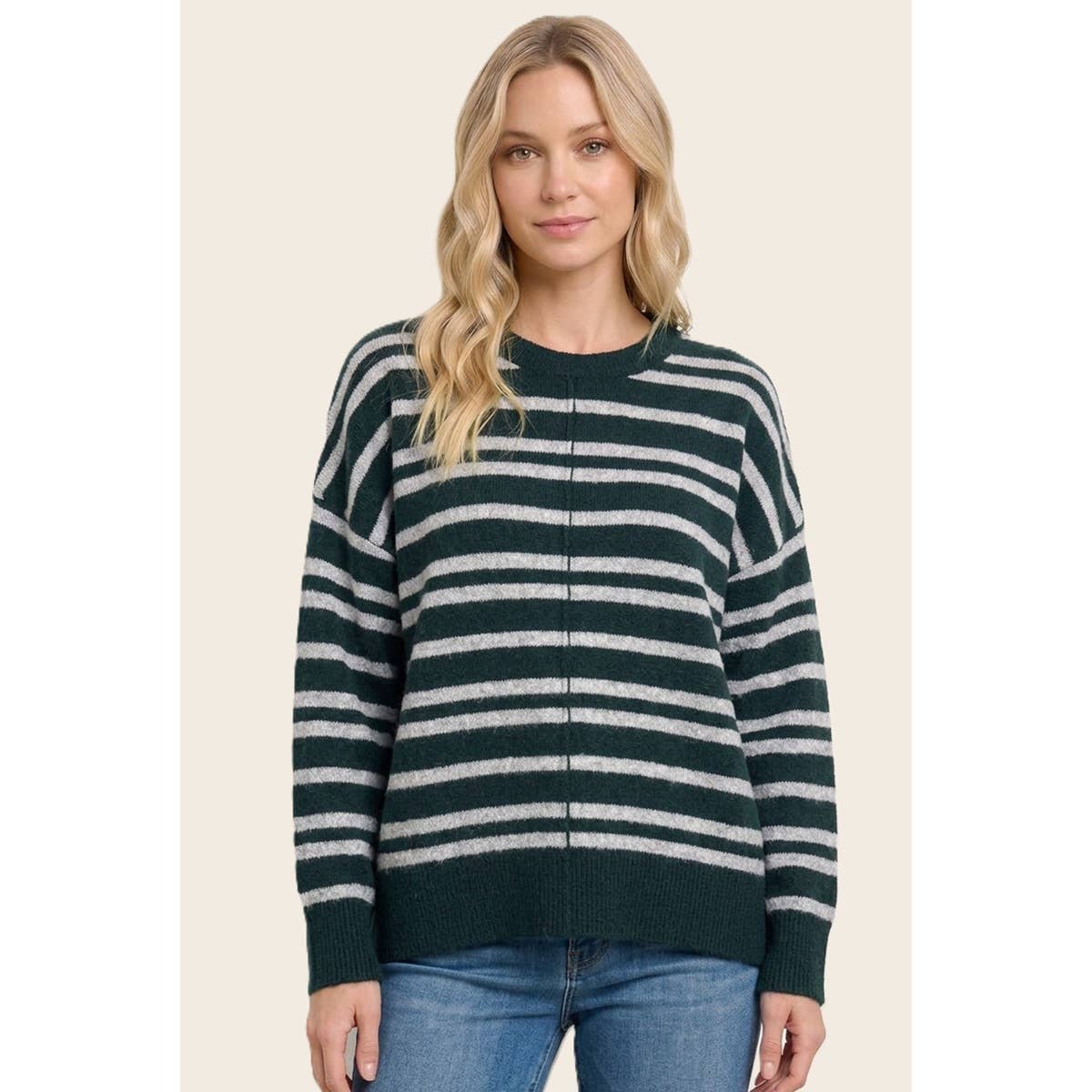 Between the Lines Stripe Sweater: Forrest Green/ Grey